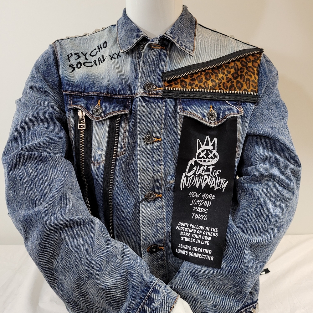 Cult Individuality  Biker Jean Jacket With Rhinestoned Skull & Studded  XL $499 - Picture 2 of 12